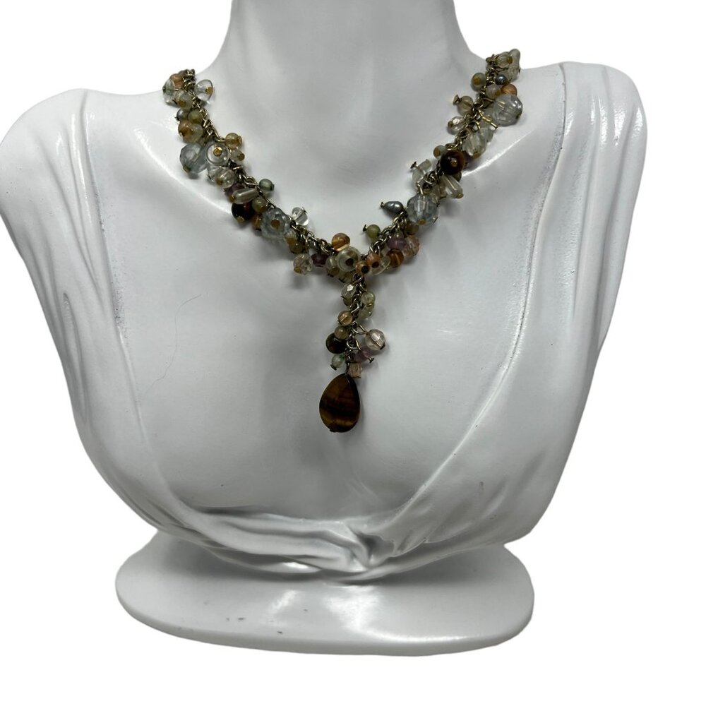 Vintage Avon Necklace Gold Tone Beaded Necklace with Faux Tiger Eye Pendant‎